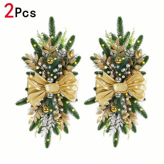 TURJGKSG 2 Pcs Christmas Swags 23.62" Xmas The Cordless Prelit Stairway Swag Teardrop Trim Wreath Door Stair Garland Christmas Decoration for Outdoor Home Garden Decor Staircase (Gold,Rustic Style)