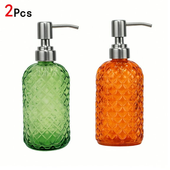 TURJGKSG 2 pack Diamond Pattern Glass Soap Dispenser, Kitchen and Bathroom Refillable Soap Dispenser with Rust Resistant Stainless Steel Pump for Hand Soap, Lotion Glass Liquid Dispenser