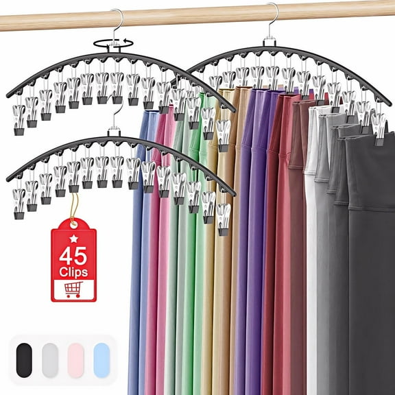 TURJGKSG 3Pcs Legging Organizer for Closet Hanging, Pants Hangers with 15 Clips Holds 45 Leggings, Skirts, Jeans, Hats, Pants Hangers Space Saving Clothes Racks Closet Organizers and Storage, Black