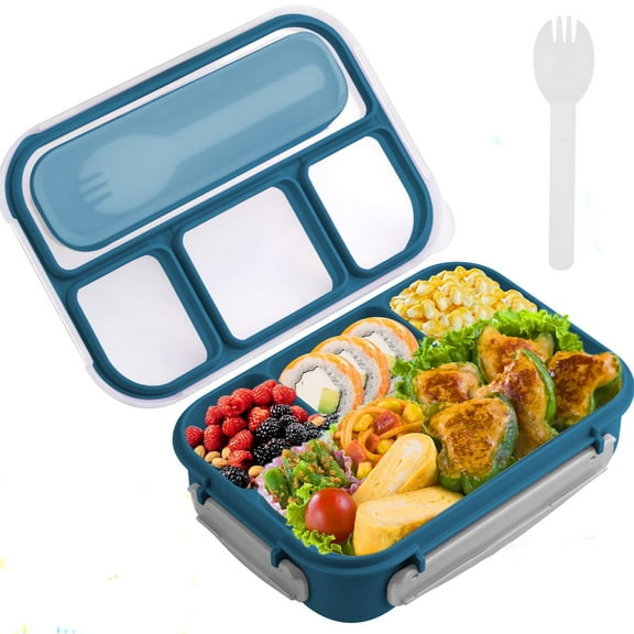 TURJGKSG Bento Box Adult Lunch Box, Lunch Containers for Adult with 4 Compartments,Lunchable Food Container with Utensils,, 40 Oz/5 Cup, Microwave & Dishwasher Safe, Navy