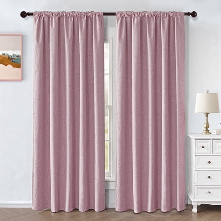 TURKIO 100% Blackout Linen Curtains for Living Room Bedroom, Sun-Reflective Thermal Insulated Heavy Duty Curtains, 52"x84",2 Panels Per Pack,Pink