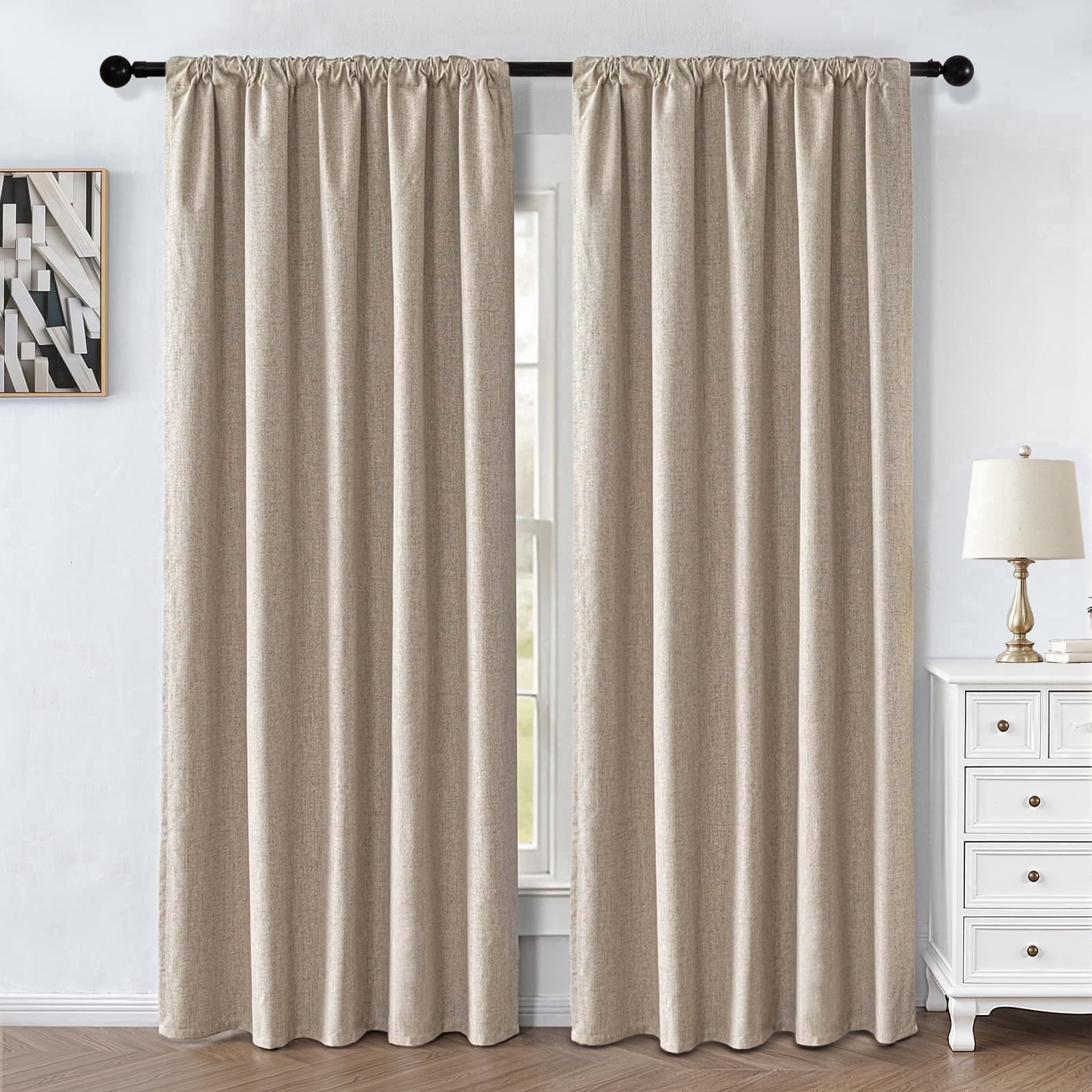 TURKIO 2 Panels 100% Blackout Linen Curtains for Living Room,Sun-Reflective Thermal Insulated Rod Pocket Curtains,52x84 inch,Nature