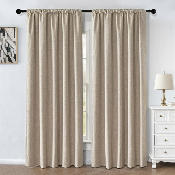 TURKIO 100% Blackout Linen Curtains for Living Room Bedroom, Sun-Reflective Thermal Insulated Heavy Duty Curtains, 52"x84",2 Panels Per Pack,Nature
