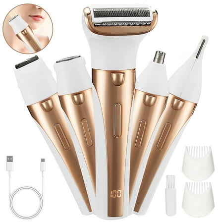 TURKIO 5-in-1 Rechargeable Cordless Electric Razor for Women, Trimmer for Women with Face, Nose, Eyebrow, Arms, Armpit, Legs, Golden