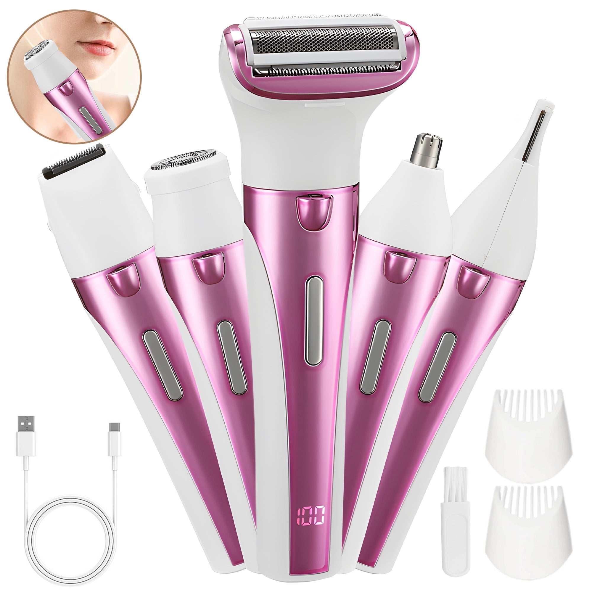 TURKIO 5-in-1 Rechargeable Cordless Electric Razor for Women with Face ...