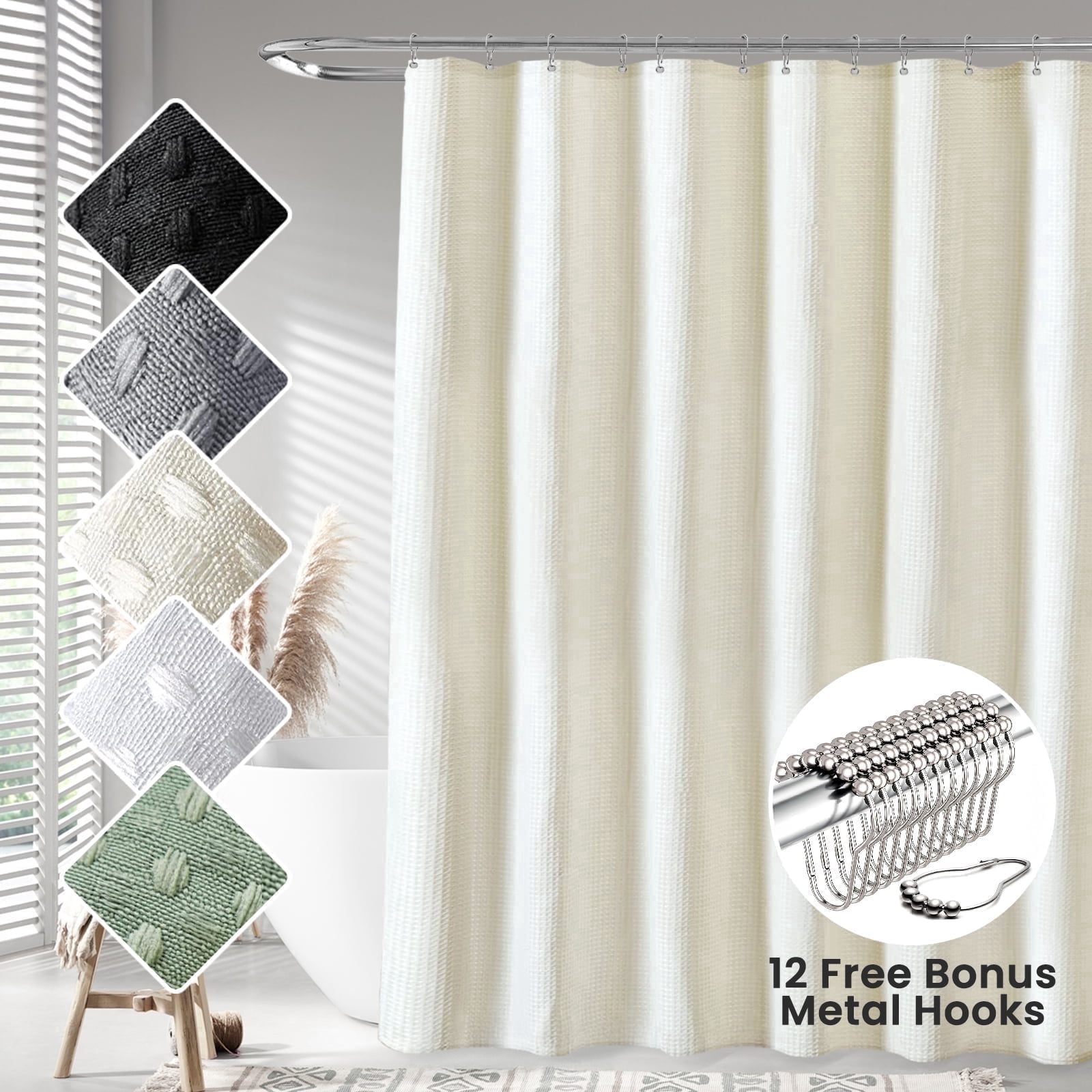 TURKIO Heavyweight Waffle Weave Fabric Shower Curtain,Water Repellent Hotel Grade Bathroom Curtain,Beige,72" x 78"