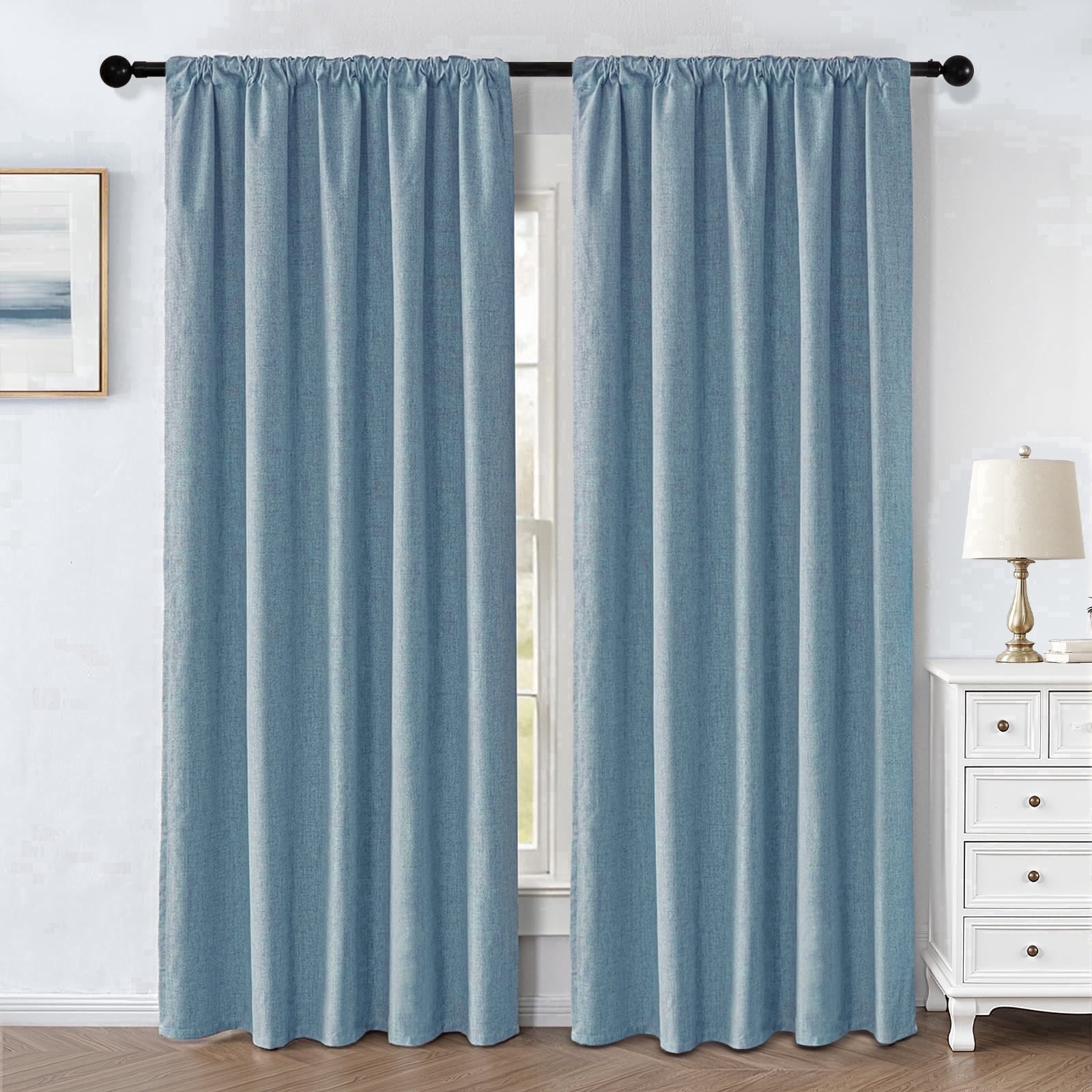 TURKIO 100% Blackout Linen Curtains for Living Room Bedroom, Sun-Reflective Thermal Insulated Heavy Duty Curtains, 52"x84",2 Panels Per Pack,Dusty Blue
