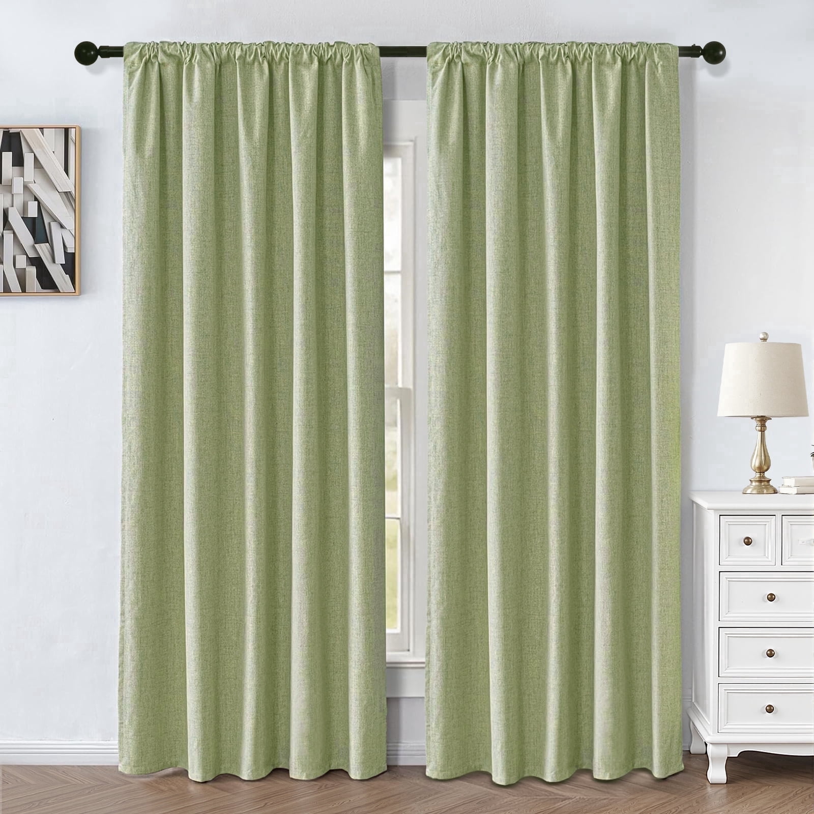 TURKIO 100% Blackout Linen Curtains for Living Room Bedroom, Sun-Reflective Thermal Insulated Heavy Duty Curtains, 52"x84",2 Panels Per Pack,Green