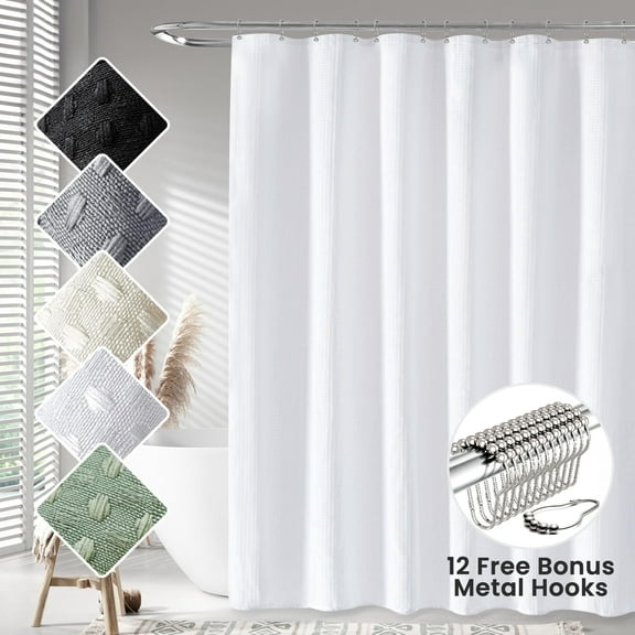 TURKIO Farmhouse Fabric Shower Curtain with Hooks,Waffle Bathroom Curtain,Water-Repellent,Hotel Grade 72"x72",White
