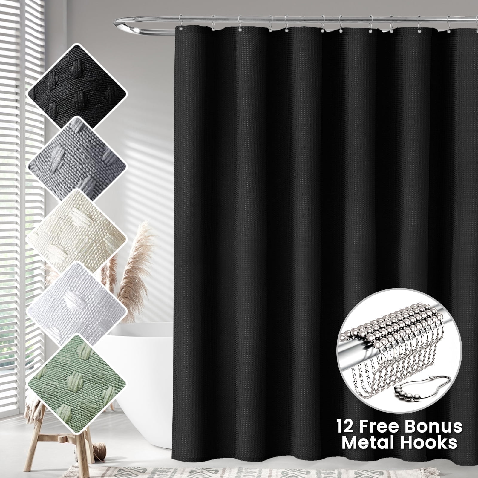 TURKIO Heavyweight Waffle Weave Fabric Shower Curtain,Water Repellent Hotel Grade Bathroom Curtain,Black,72" x 84"