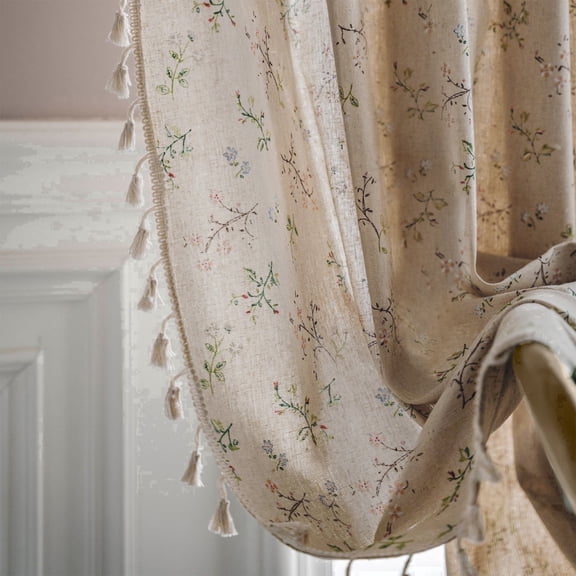 TURKIO 2 Panel Farmhouse Floral Linen Semi- Blackout Curtains,95 inches, Beige,for Living Room