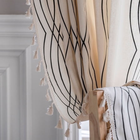 Turkio Cotton Linen Curtains with Geometric Black Stripes and Tassel Design,84 Inches Long,1 Panel