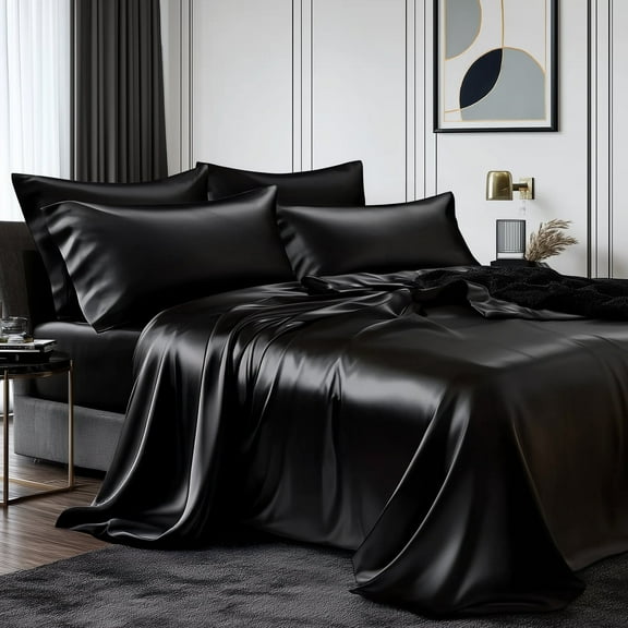 TURKIO Satin Sheet King Silk Sheets, Black Bed Sheet Set Deep Pocket Bed Flat Fitted Sheet,4-Pieces