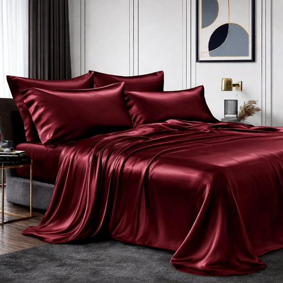 Breynko Satin Sheet King Silk Sheets, Burgund Bed Sheet Deep Pocket Bed Flat Fitted Sheet,4-Pieces