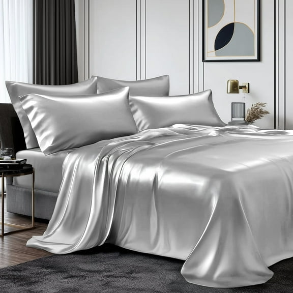 TURKIO Satin Sheet King Silk Sheets, Gray Bed Sheet Set Deep Pocket Bed Flat Fitted Sheet,4-Pieces