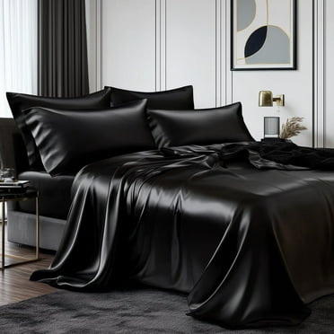 TURKIO Satin Sheet Set Full Size Black Bed Sheets with Deep Pocket Flat Fitted Sheet,4 Pieces