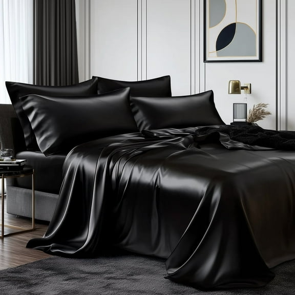 Turkio Satin Sheet Set, Full Size, Black, 4-Piece Bed Sheets with Deep Pocket Flat and Fitted Sheets