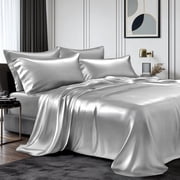 Turkio Satin Microfiber 4-Piece Full Size Gray Bed Sheet Set with Deep Pocket Flat and Fitted Sheets