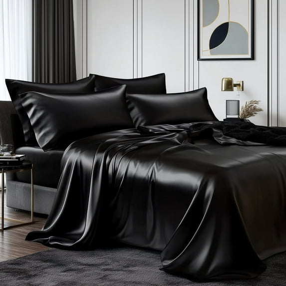 TURKIO Satin Sheets Queen Silk Sheets Black Bed Sheet Set,4 Pieces 1800 Microfiber 2 Pillowcase 20"x30"