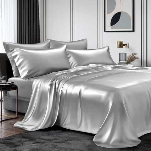 TURKIO Satin Sheets Queen Silk Sheets Gray Bed Sheet Set,4 Pieces 1800 Microfiber 2 Pillowcase 20"x30"