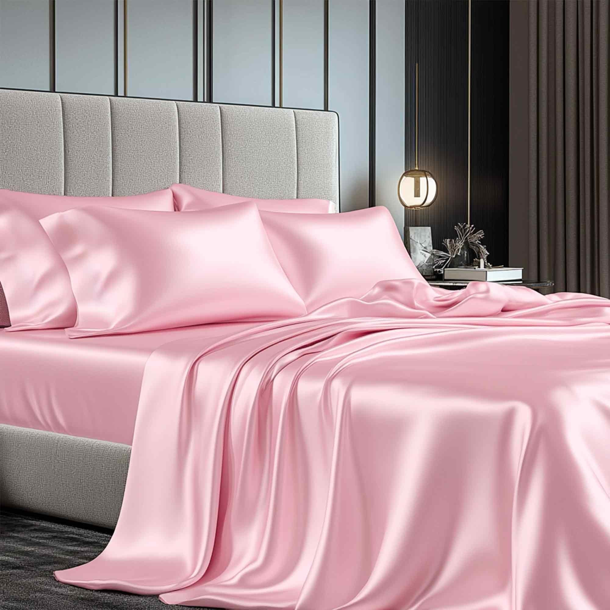 TURKIO Satin Sheets Queen Silk Sheets Pink Bed Sheet Set,4 Pieces