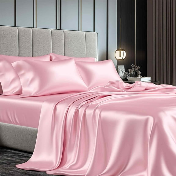 TURKIO Satin Sheets Queen Silk Sheets Pink Bed Sheet Set,4 Pieces 1800 Microfiber 2 Pillowcase 20"x30"