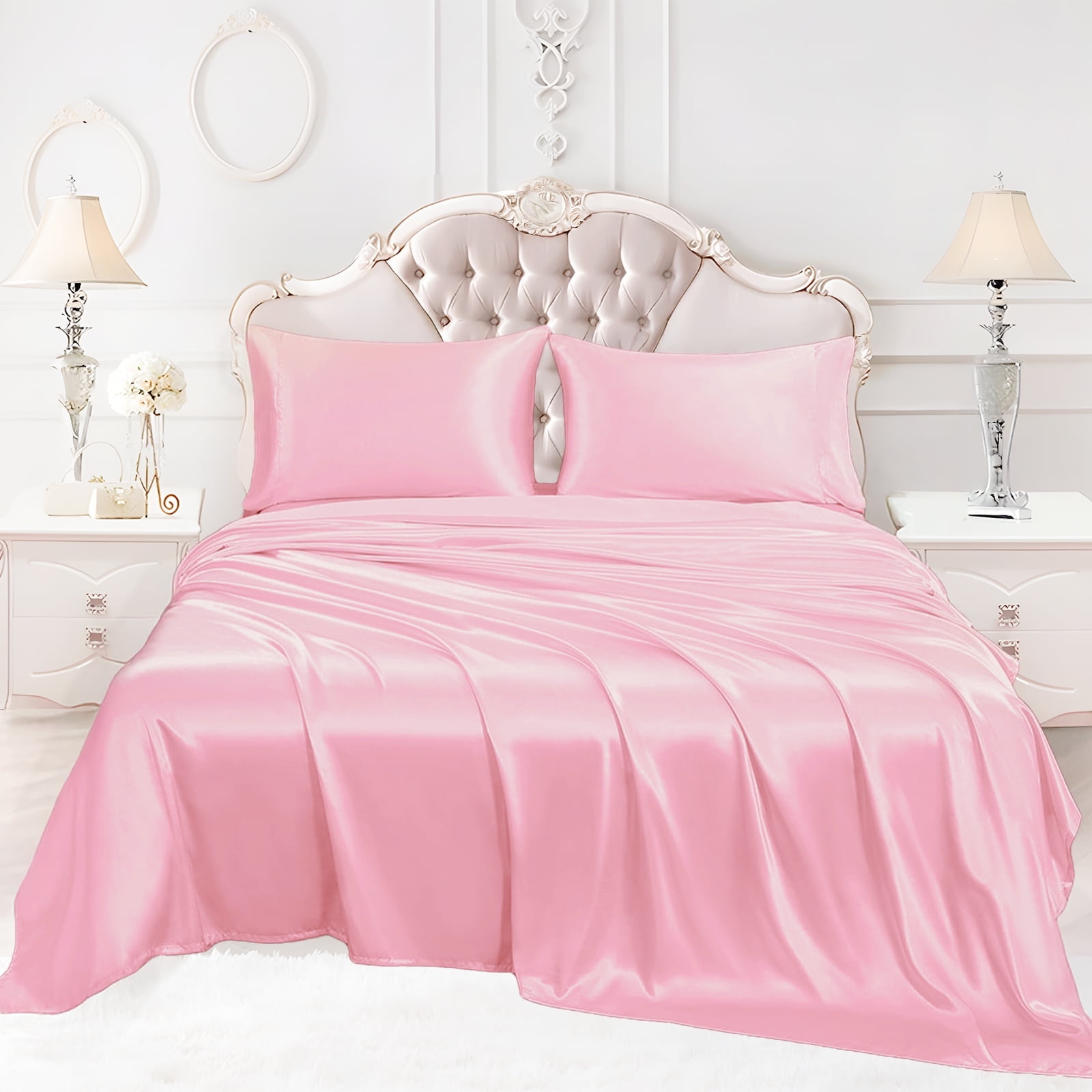 TURKIO Satin Sheets Queen Silk Sheets Pink Bed Sheet Set,4 Pieces 1800 Microfiber 2 Pillowcase 20"x30"