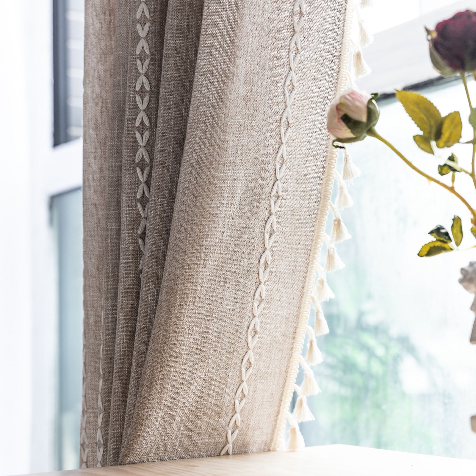 TURKIO Semi Blackout Curtains for Living Room Farmhouse Boho Curtains Rod Pocket Curtain 1 Panel,Taupe,52"Wx63"L