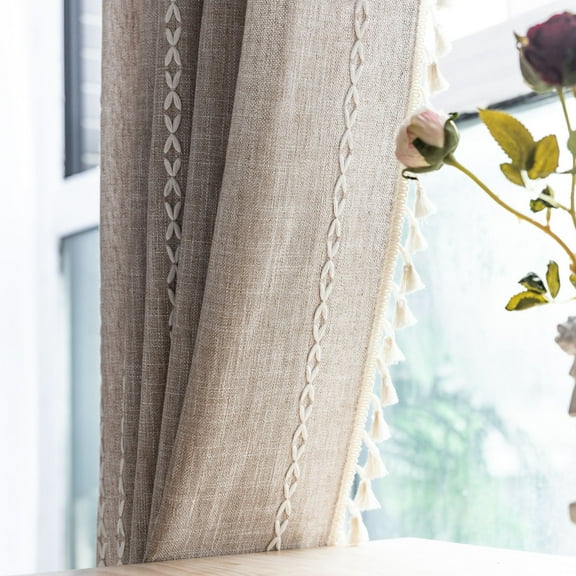 TURKIO Semi Blackout Curtains for Living Room Farmhouse Boho Curtains Rod Pocket Curtain 1 Panel,Taupe,52"Wx63"L