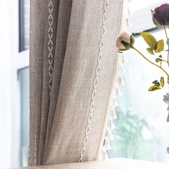 TURKIO Beige Farmhouse Boho Curtains for Living Room Semi Blackout Curtains Rod Pocket Curtain 1 Panel,52"Wx96"L
