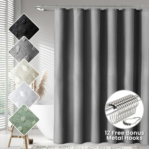 TURKIO Waffle Shower Curtain with Hooks,Gray Bathroom Curtain,Water-Repellent,Hotel Grade 72"x72"
