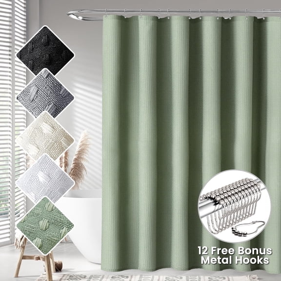 TURKIO Heavyweight Waffle Weave Fabric Shower Curtain,Water Repellent Hotel Grade Bathroom Curtain,Sage Green,72" x 96"