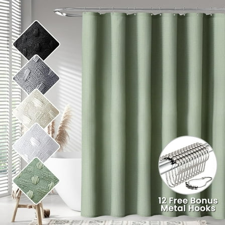 TURKIO Waffle Textured Shower Curtain, 72"x96" Extra Long Luxury Heavy Duty Soft Fabric, Includes 12 Metal Hooks, Sage Green