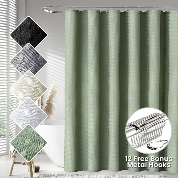 TURKIO Waffle Textured Shower Curtain,Extra Long Luxury Heavy Duty Soft Fabric, Includes 12 Metal Hooks, 108W"x72L",Sage Green