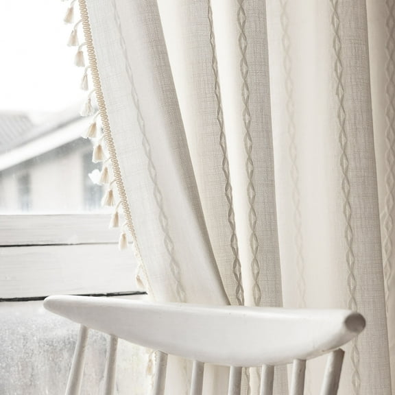 TURKIO White Farmhouse Boho Curtains for Living Room Semi Blackout Curtains Rod Pocket Curtain 1 Panel,52"Wx84"L