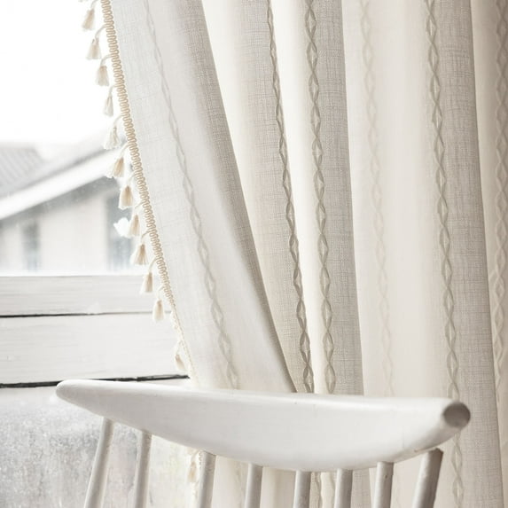 TURKIO White Farmhouse Boho Curtains for Living Room Semi Blackout Curtains Rod Pocket Curtain 1 Panel,52"Wx84"L