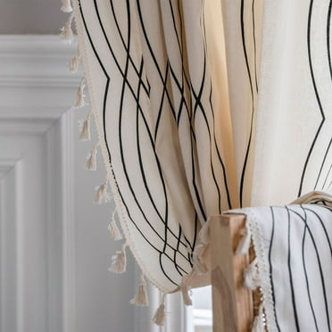 TURKIO White Linen Living Room Curtains Semi Blackout Stripe Curtain Panel with Tassels,52"x63"inches