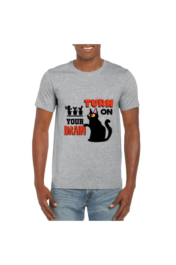 TURN ON YOUR BRAIN Think Smart Intelligence Logic Funny T-Shirt, for men & women, up to size 5XL