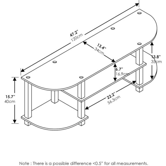 TURN-S-TUBE Wide 2-Tier TV Stand, Small Elevated No Tools TV Stand, TV Entertainment Center for TV up to 55 Inch, 47.25" x 13.4" x 15.9", French Oak/Black