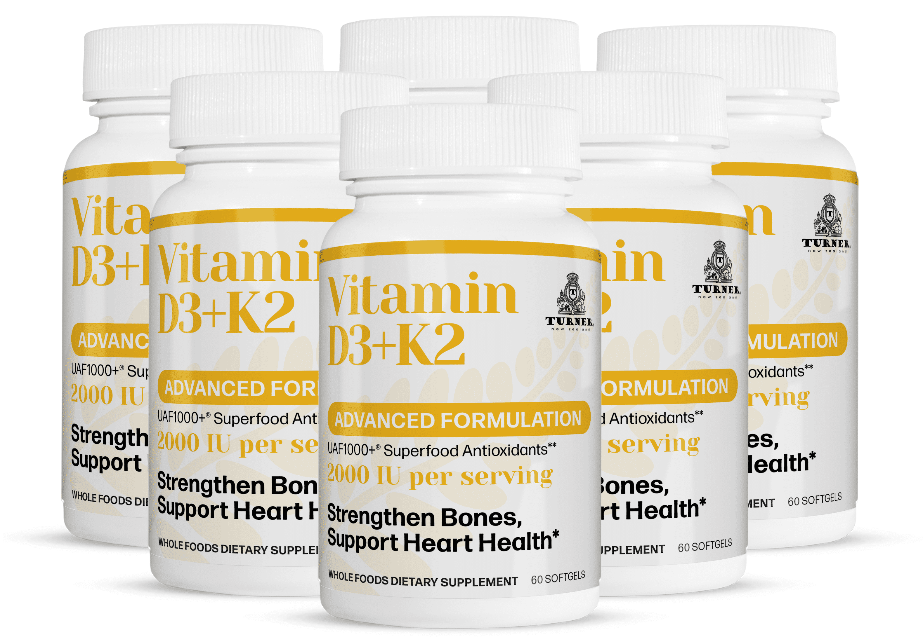 TURNER Grass-Fed Vitamin D3 and K2 Antioxidants Supplement, 5 Bottles, 300 Capsules