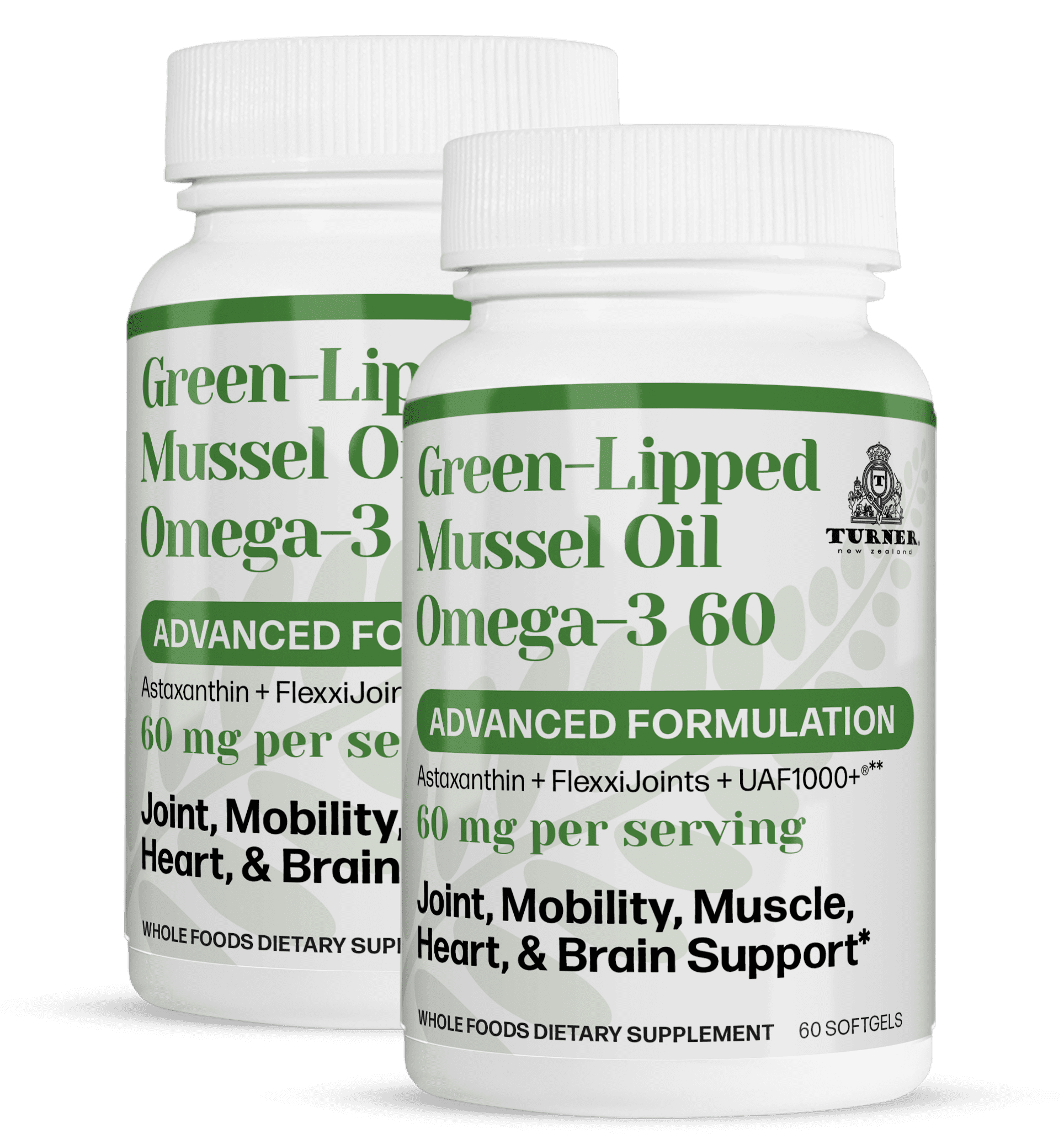 TURNER Green Lipped Mussel Oil Omega 3 Supplement Capsules, 2 Pack, 120 Count