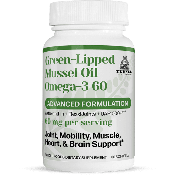 TURNER Green Lipped Mussel Oil Omega-3, 53x Higher Potency with UAF1000+ Super Antioxidant for Superior Joint Comfort & Mobility, No Fishy Aftertaste, 1 Bottle, 60 Softgels