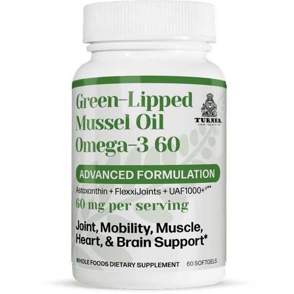 TURNER Green Lipped Mussel Oil Omega-3, 53x Higher Potency with UAF1000+ Super Antioxidant for Superior Joint Comfort & Mobility, No Fishy Aftertaste, 1 Bottle, 60 Softgels