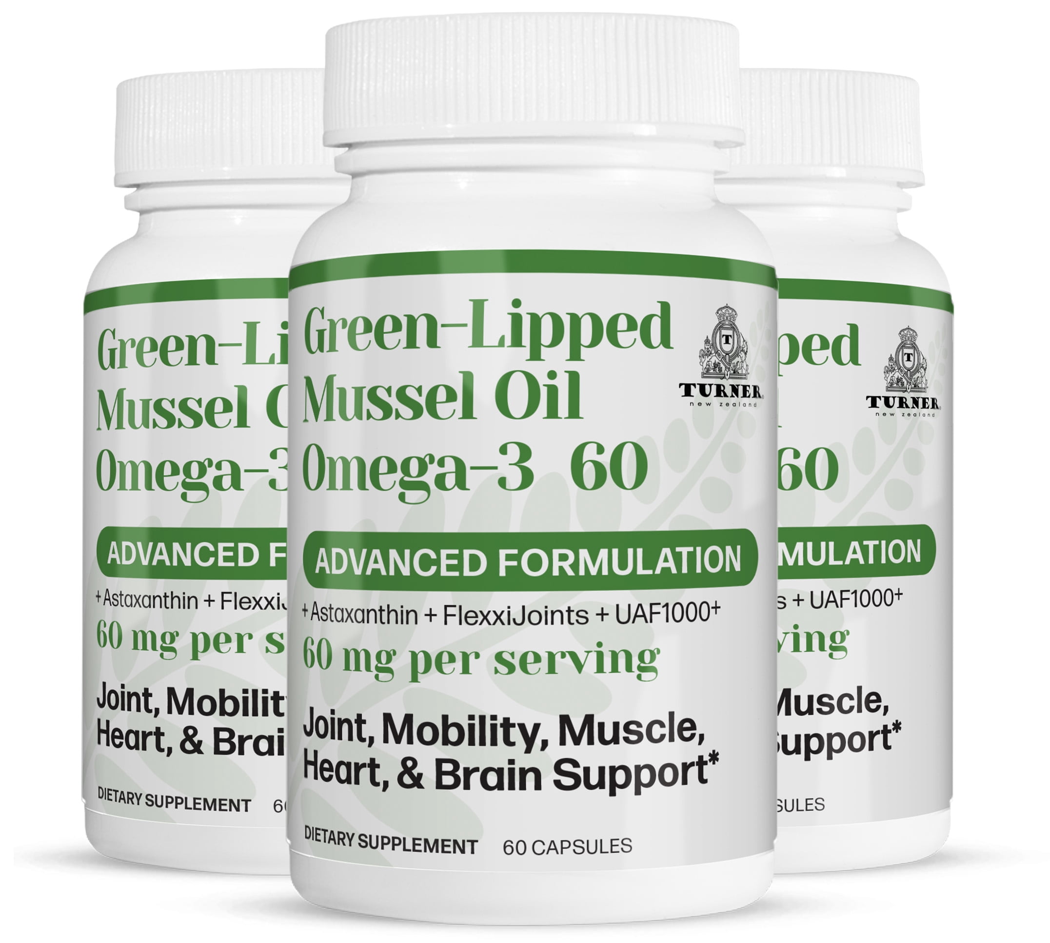 TURNER New Zealand Green Lipped Omega-3 Mussel Oil, 53x Higher Potency with UAF1000+ Super Antioxidant for Superior Joint Comfort & Mobility, No Fishy Aftertaste, 3 Bottles, 180 Softgels