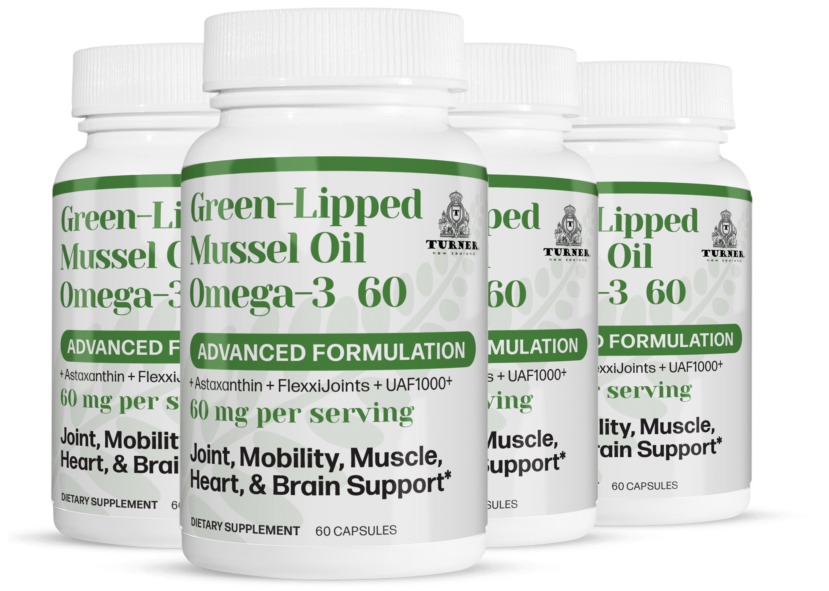 TURNER New Zealand Green Lipped Mussel Oil Omega-3, 53x Higher Potency with UAF1000+ Super Antioxidant for Superior Joint Comfort & Mobility, No Fishy Aftertaste, 4 Bottles, 240 Softgels