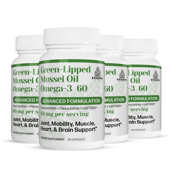 TURNER New Zealand Green Lipped Mussel Oil Omega-3, 53x Higher Potency with UAF1000+ Super Antioxidant for Superior Joint Comfort & Mobility, No Fishy Aftertaste, 4 Bottles, 240 Softgels