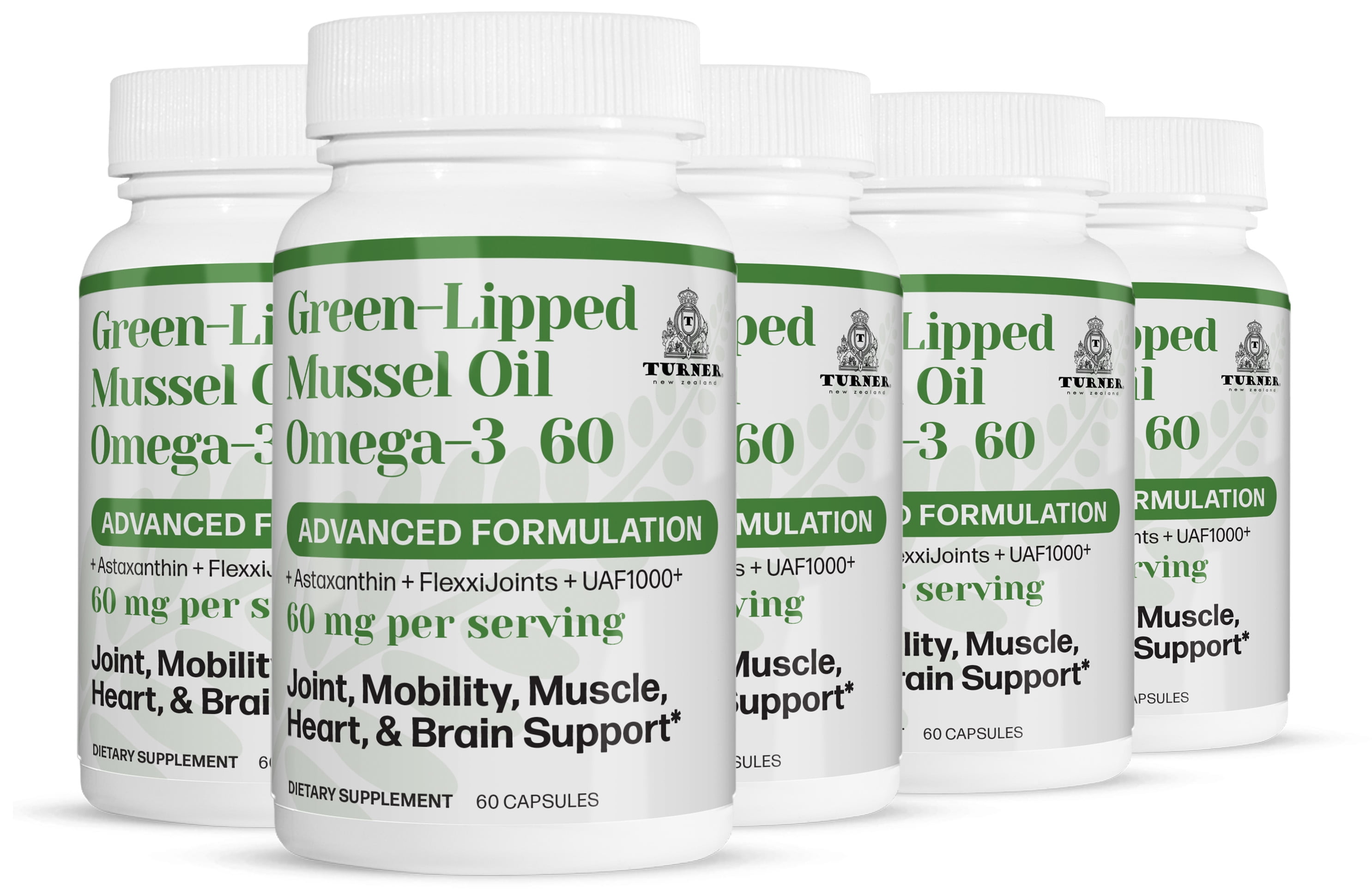 TURNER New Zealand Green Lipped Omega-3 Mussel Oil, 53x Higher Potency with UAF1000+ Super Antioxidant for Superior Joint Comfort & Mobility, No Fishy Aftertaste, 5 Bottles, 300 Softgels