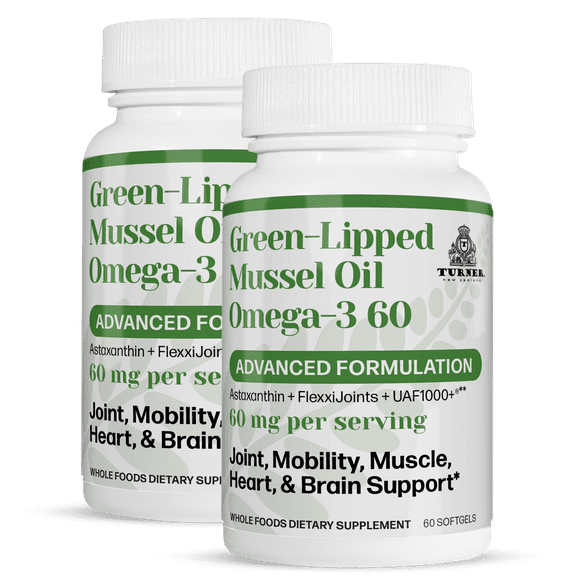 TURNER Green Lipped Omega-3 Mussel Oil, 53x Higher potency with UAF1000+ Super Antioxidant for Superior Joint Comfort & Mobility, No Fishy Aftertaste, 2 Bottles, 120 Softgels