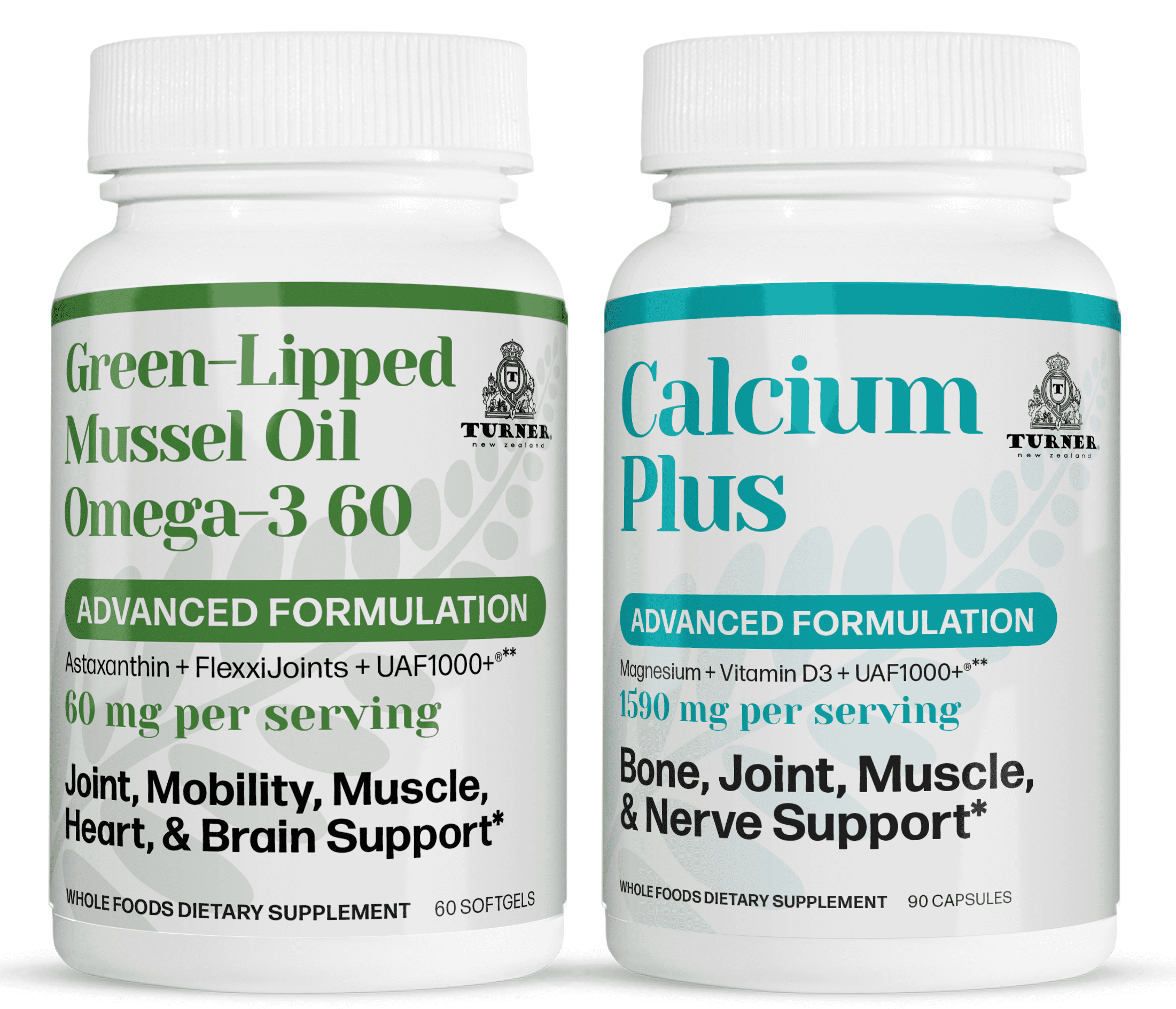 TURNER Green Lipped Mussel Oil Omega-3, Joint Comfort & Mobility, No Fishy Aftertaste, 1 Bottle, 60 Softgels plus 1 Bottle of Calcium Plus