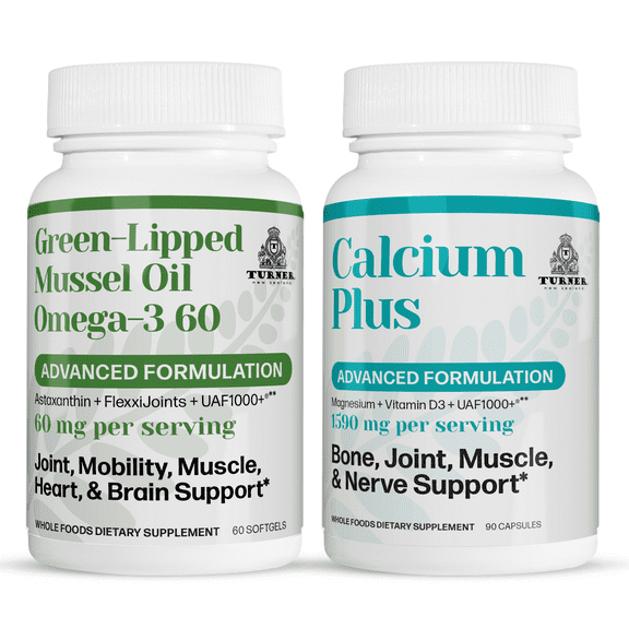 TURNER Green Lipped Mussel Oil Omega-3, Joint Comfort & Mobility, No Fishy Aftertaste, 1 Bottle, 60 Softgels plus 1 Bottle of Calcium Plus